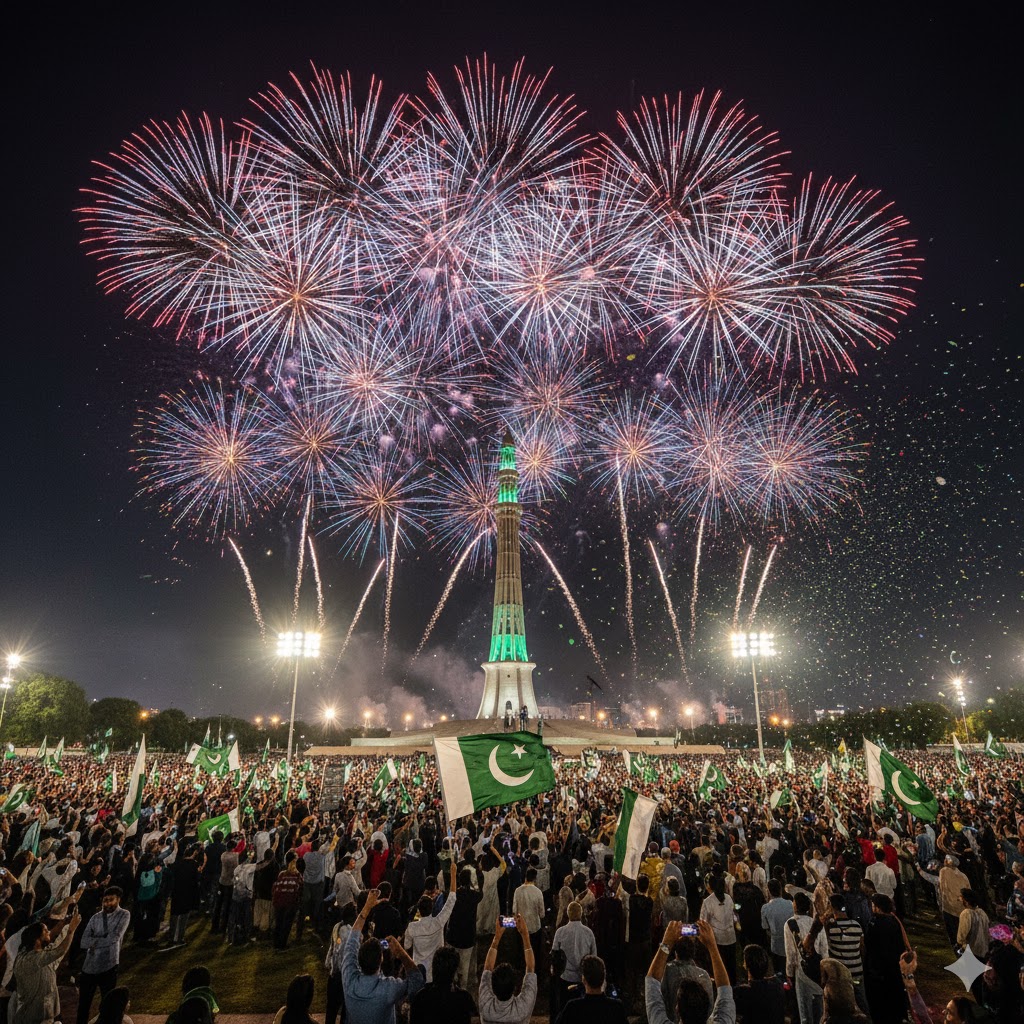 Crowds celebrating Pakistan’s national day with flags and fireworks in Lahore