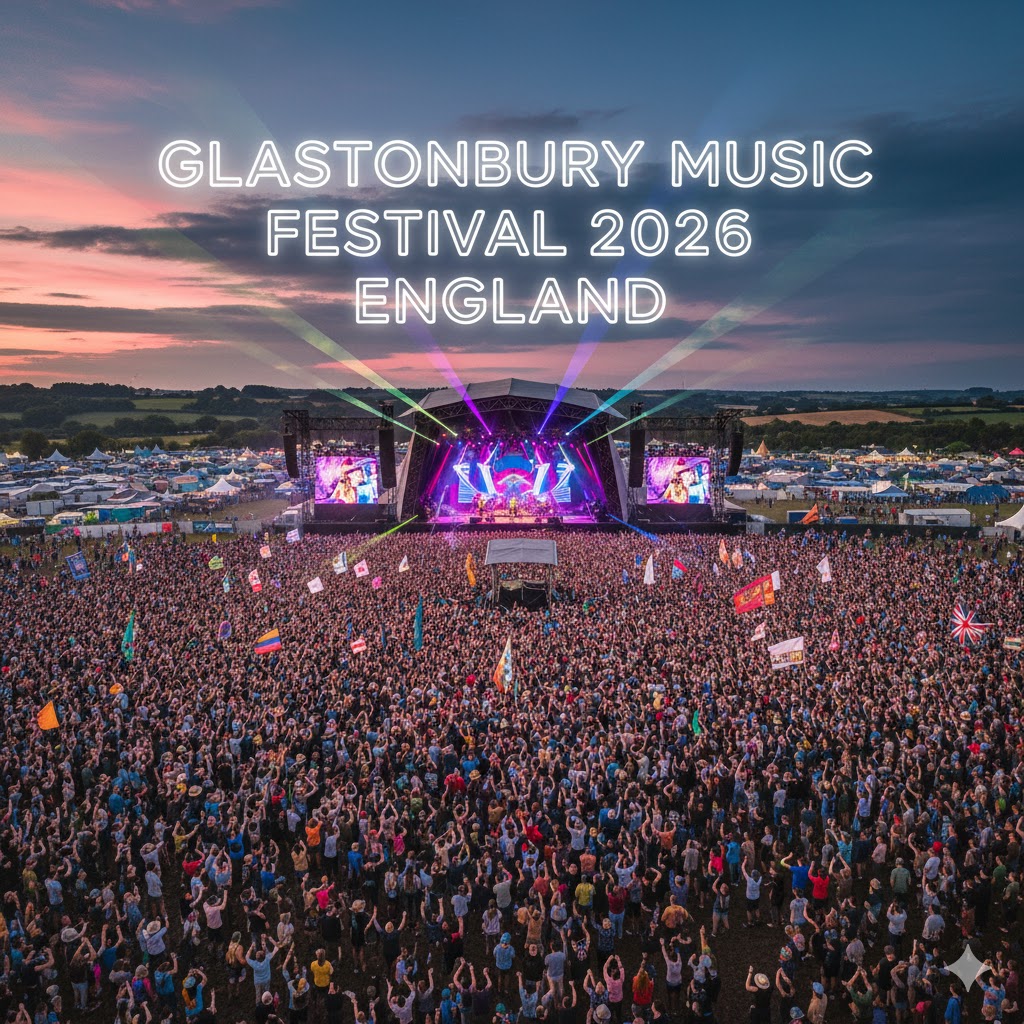 Crowds cheering during Glastonbury Music Festival 2026 in England