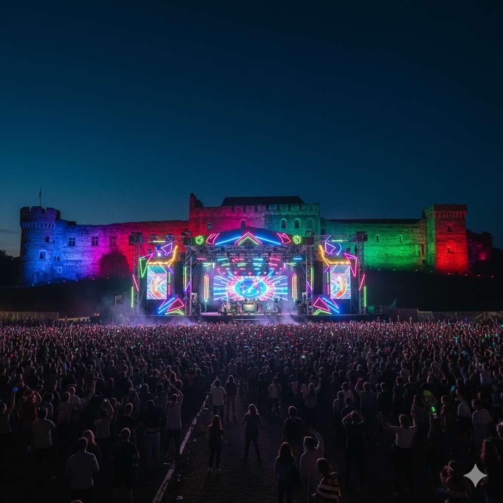Crowds dancing under Electric Castle 2026 lights at Banffy Castle, Romania