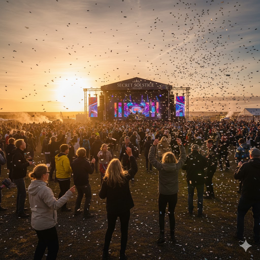 Crowds dancing under the midnight sun at Secret Solstice Festival 2026