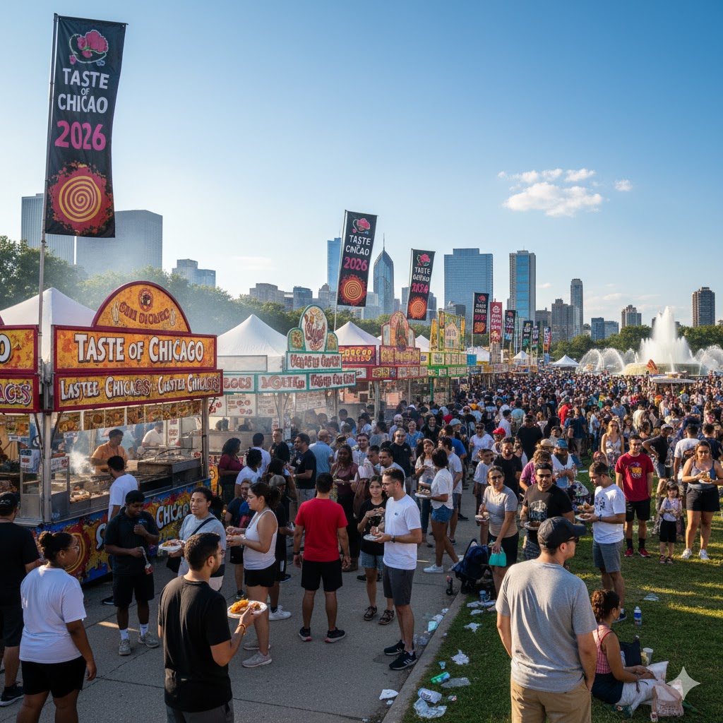 Crowds enjoying local food stalls at Taste of Chicago 2026 under summer sky