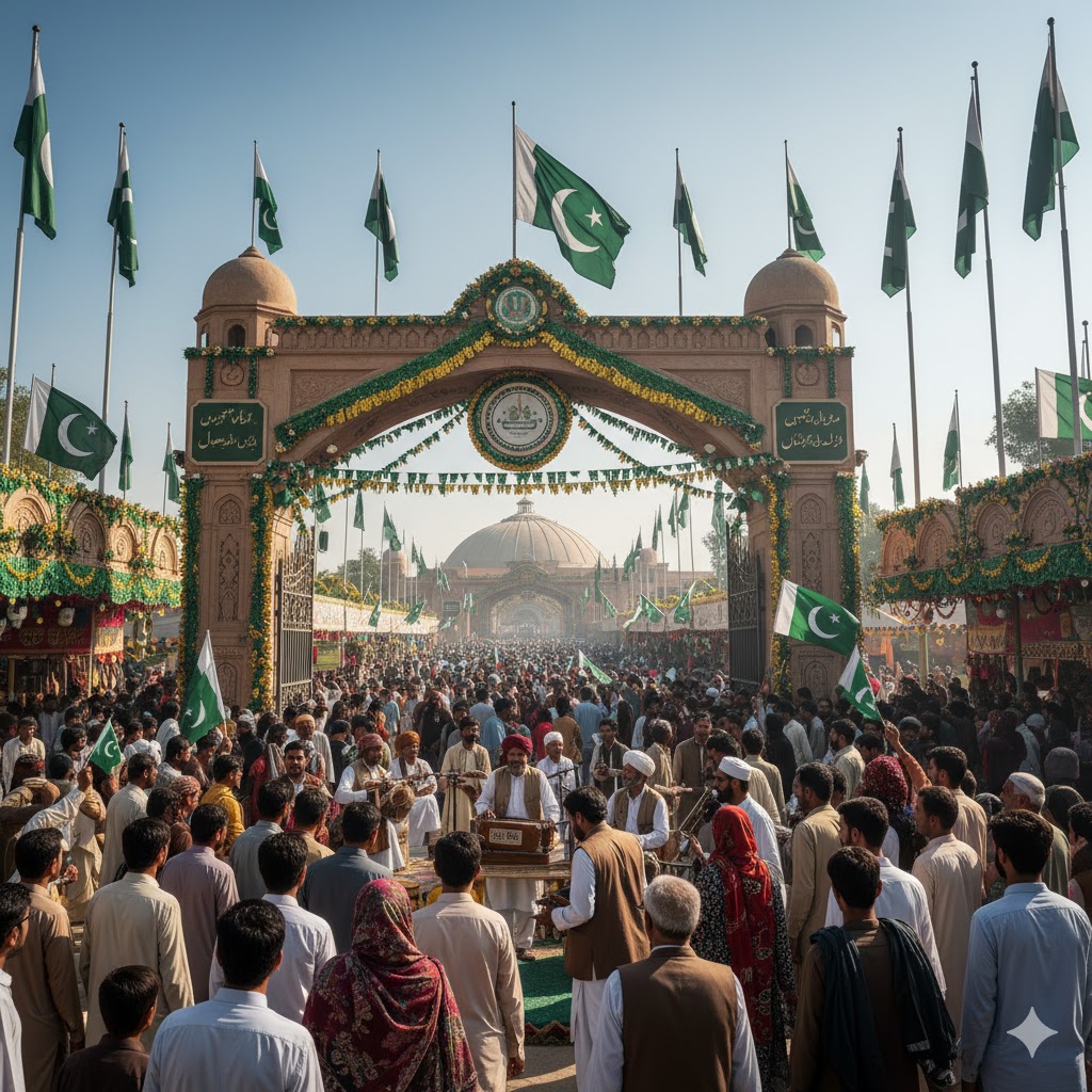 Crowds entering Lok Virsa Islamabad with national bunting, flags, and folk musicians welcoming visitors at the main gate. Crowds entering Lok Virsa Islamabad with national bunting, flags, and folk musicians welcoming visitors at the main gate.