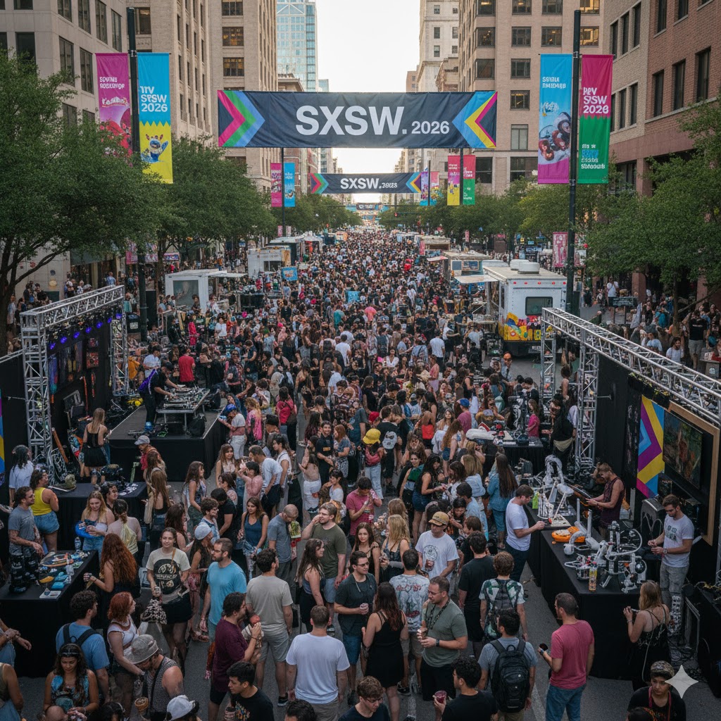Crowds exploring music and tech booths at SXSW 2026 Austin downtown streets.
