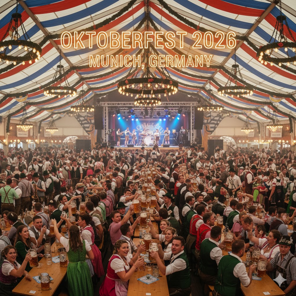Crowds in Bavarian attire at Oktoberfest 2026 in Munich, Germany