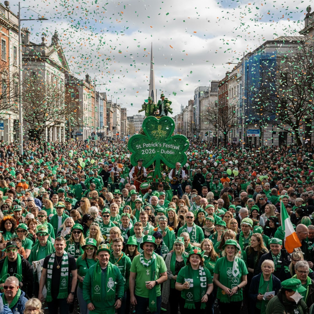 Crowds in green attire celebrating St. Patrick’s Festival 2026 in Dublin