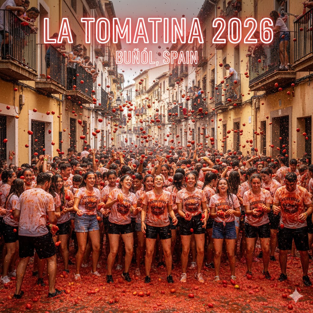 Crowds throwing tomatoes during La Tomatina 2026 in Buñol, Spain