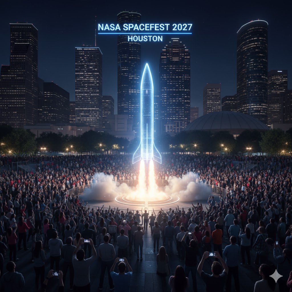 Crowds watching rocket hologram projection at NASA SpaceFest 2027 Houston