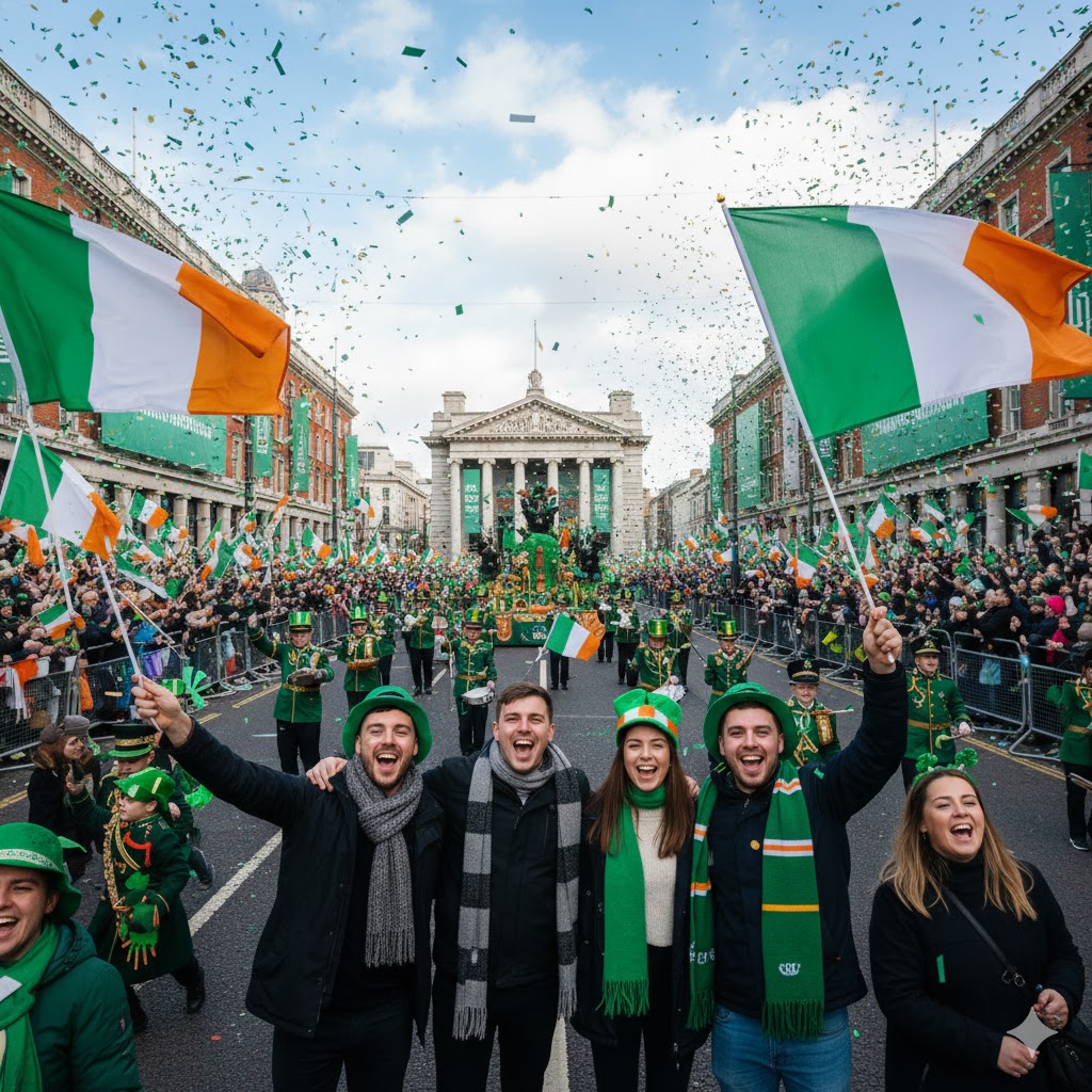 Crowds waving flags during Dublin St. Patrick’s Day 2026 parade