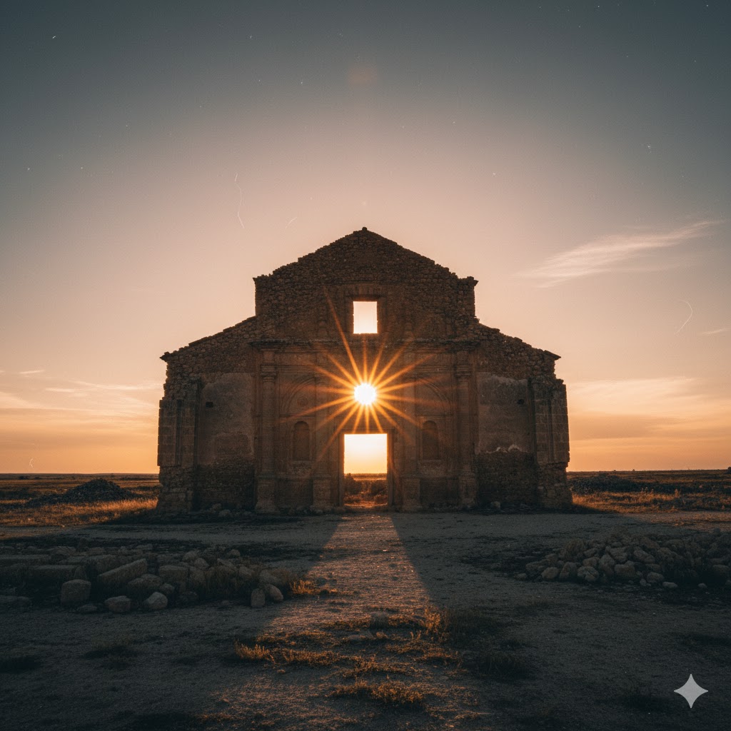 Crumbling church ruins of Belchite village illuminated by sunset glow in Spain.