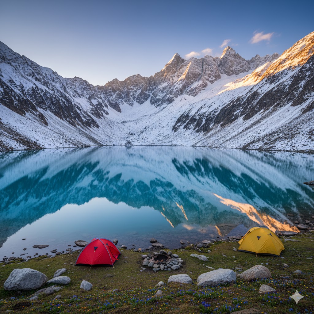 Crystal-blue Ratti Gali Lake surrounded by snowy cliffs with tents near shoreline