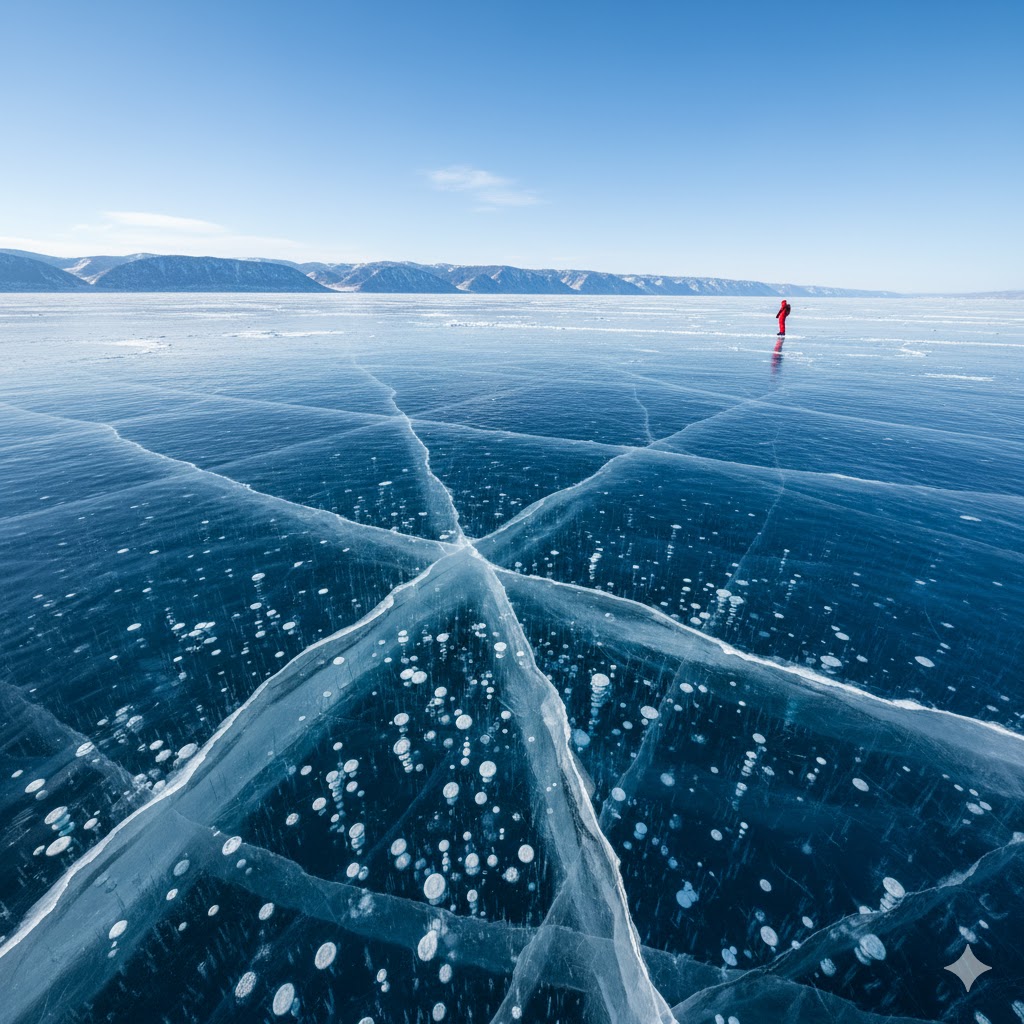 Crystal-clear frozen surface of Lake Baikal showing deep blue cracks and bubbles. Crystal-clear frozen surface of Lake Baikal showing deep blue cracks and bubbles.