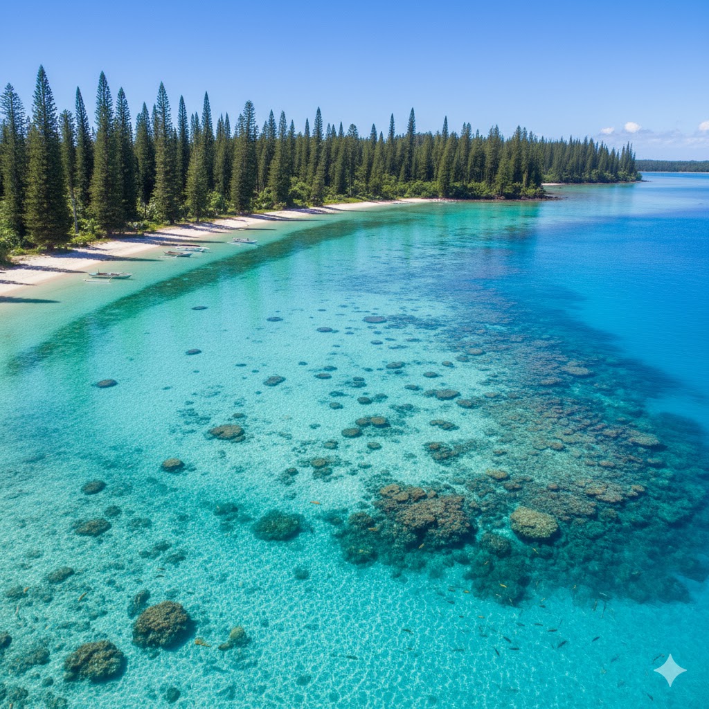 Crystal-clear lagoon and pine-lined beach on Isle of Pines, New Caledonia