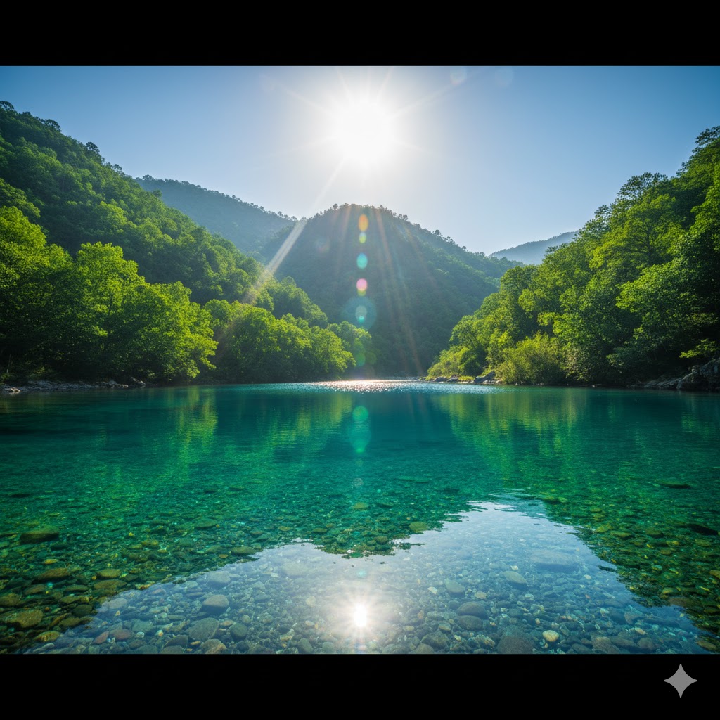 Crystal-clear turquoise pool of Neela Sandh Valley surrounded by green hills and sunlight reflections