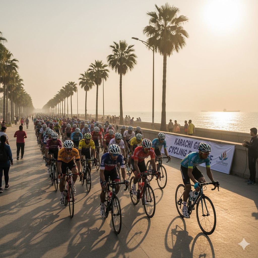 Cyclists racing along Karachi’s Sea View promenade under morning light