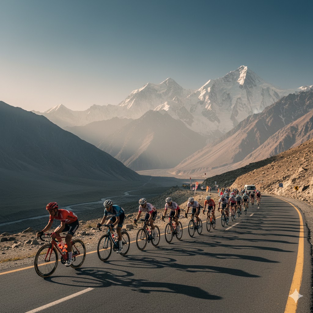 Cyclists racing along the Karakoram Highway near Khunjerab Pass, surrounded by snow-covered peaks.