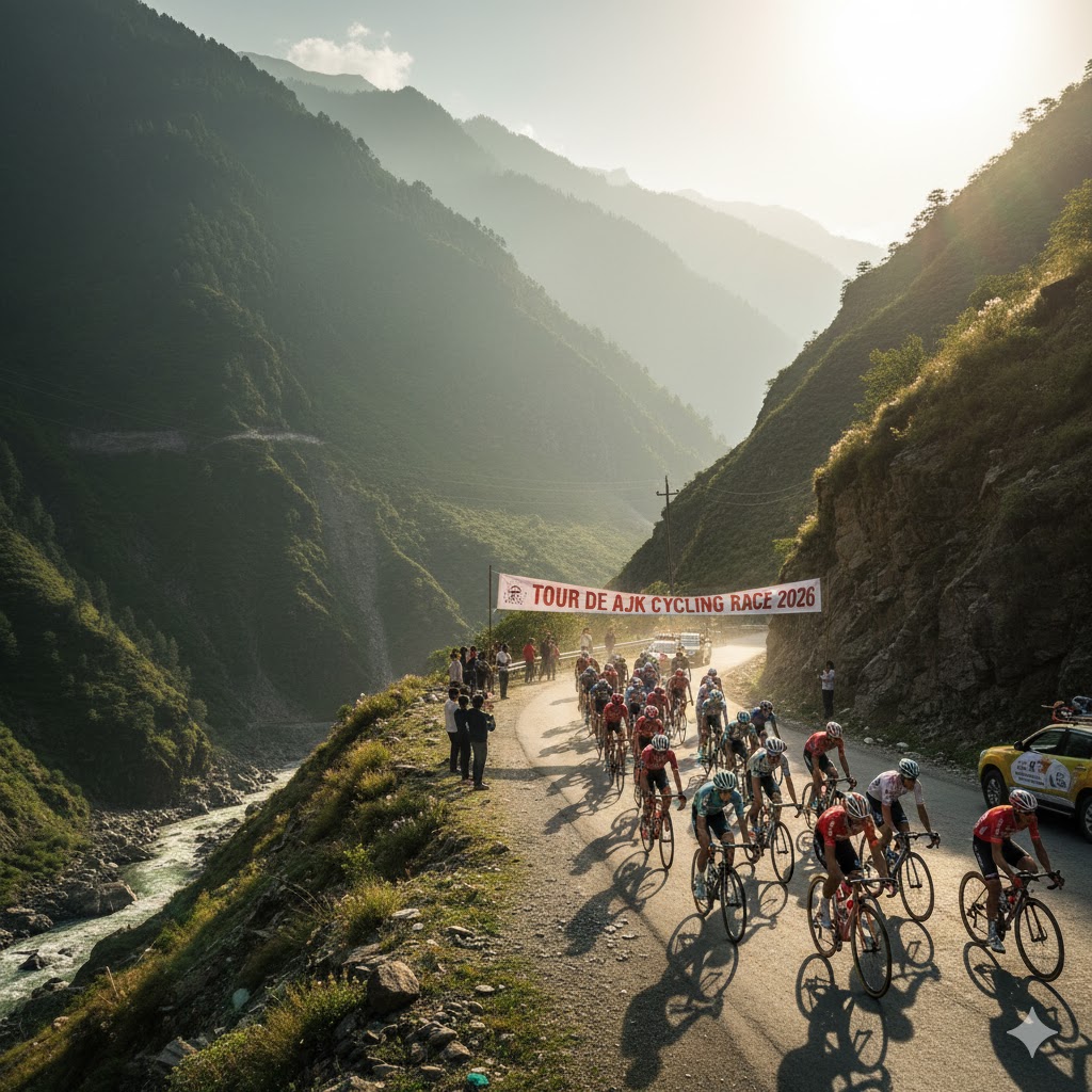 Cyclists racing through Muzaffarabad mountain road during Tour De AJK Cycling Race 2026.