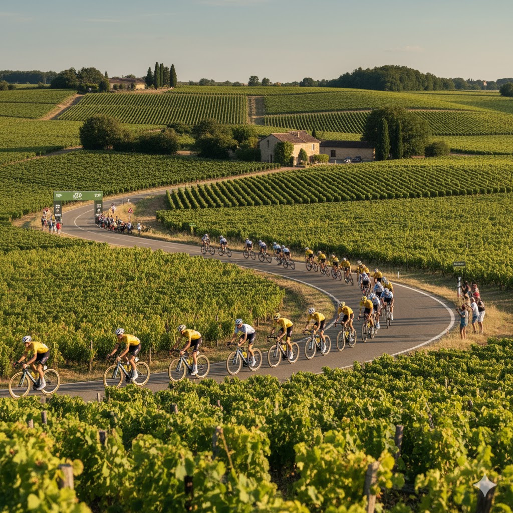 Cyclists riding through French countryside vineyards during Tour de France 2026