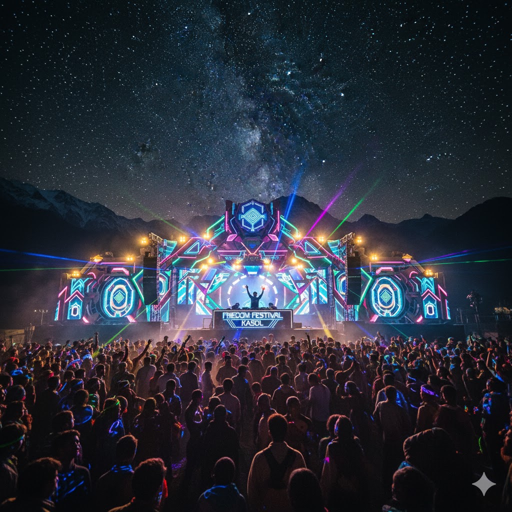 DJ performing at night with crowd dancing under starlit sky at Freedom Festival Kasol