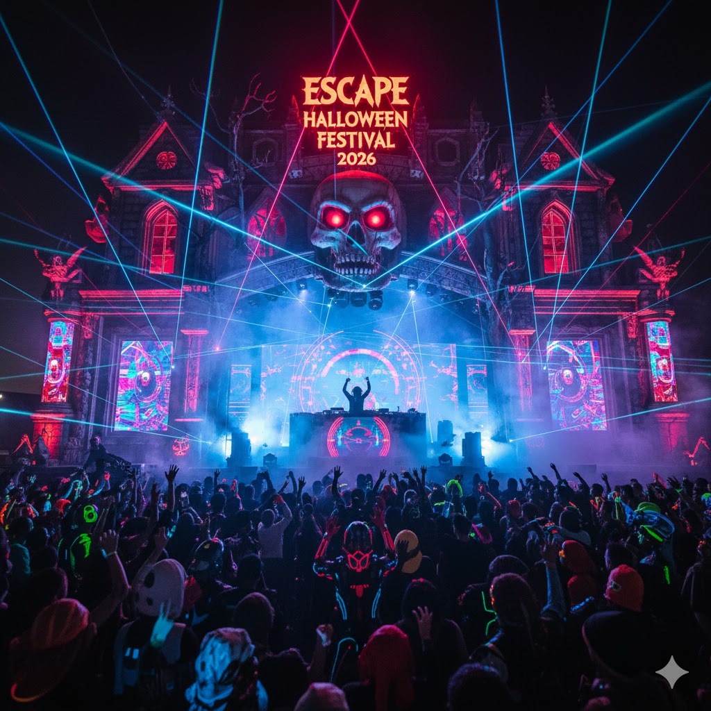 DJ performing on haunted-themed stage with fog and laser lights at Escape Halloween Festival 2026