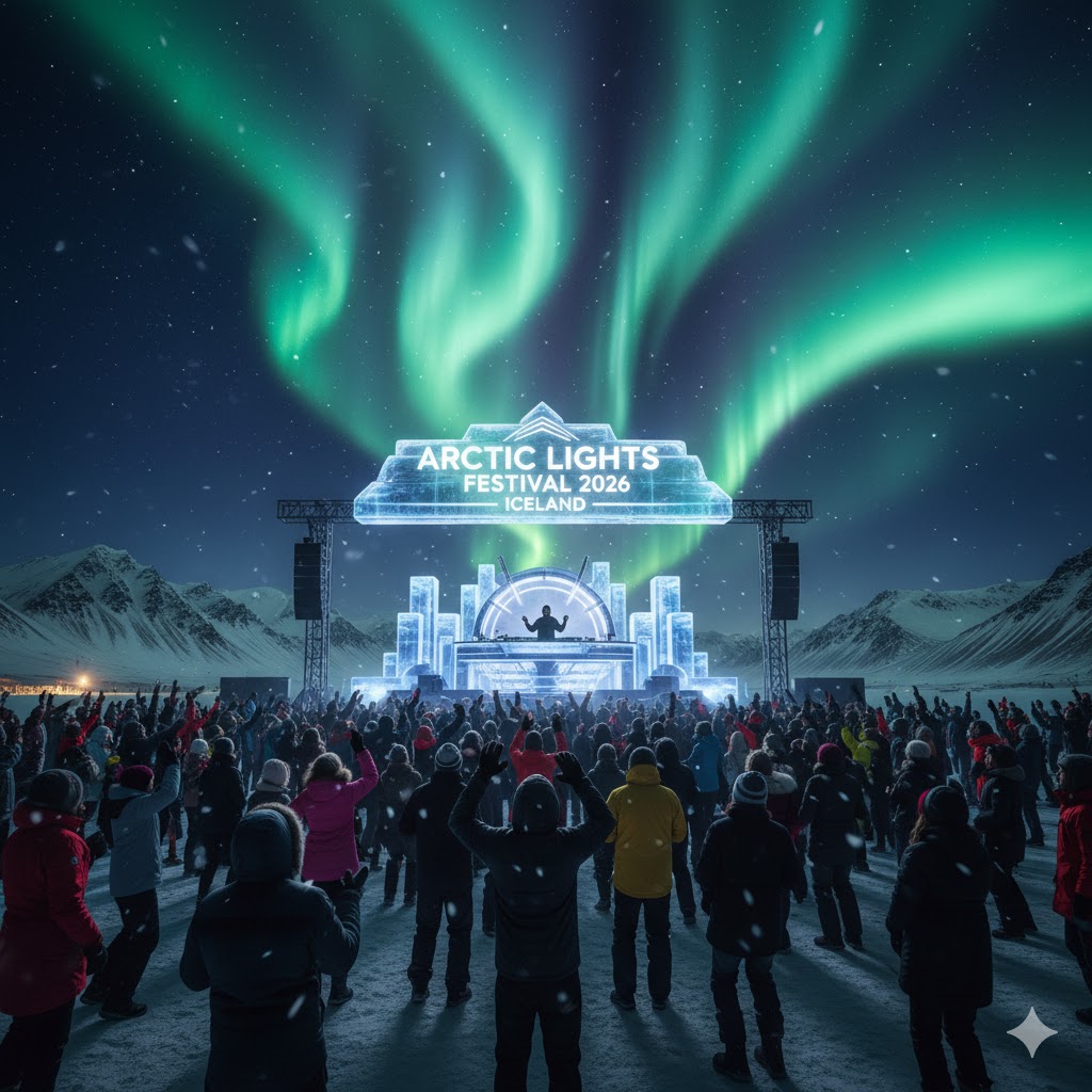 DJ playing under aurora borealis during Arctic Lights Festival 2026 Iceland