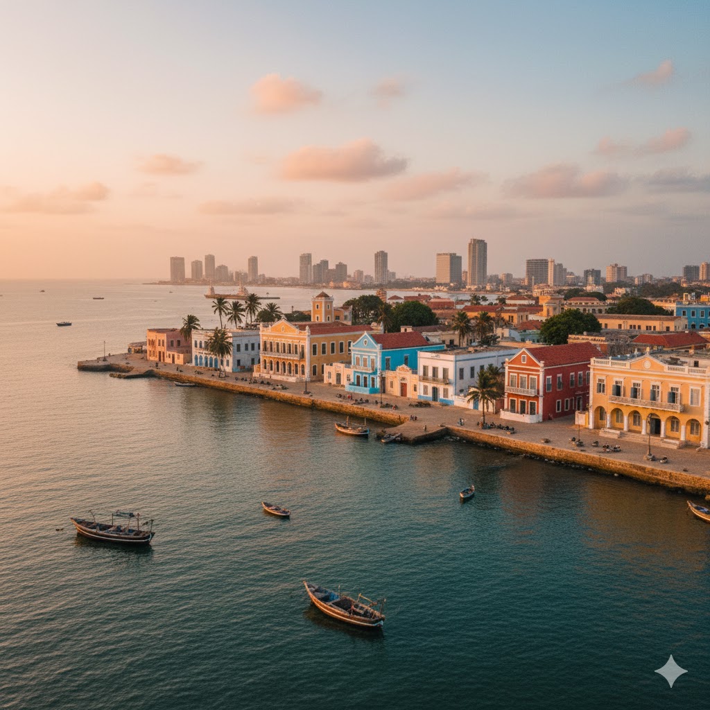 Dakar’s Goree Island with colorful colonial buildings by the sea, Senegal.
