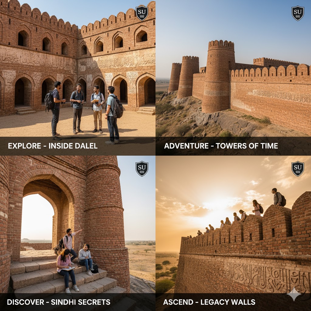 Dalel Dero Fort showing aged brick towers and ancient Sindhi inscriptions