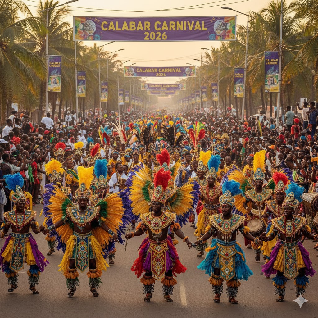 Dancers in colorful costumes during Calabar Carnival 2026 in Nigeria