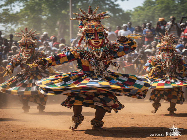 Dancers in colorful costumes performing Egungun rituals