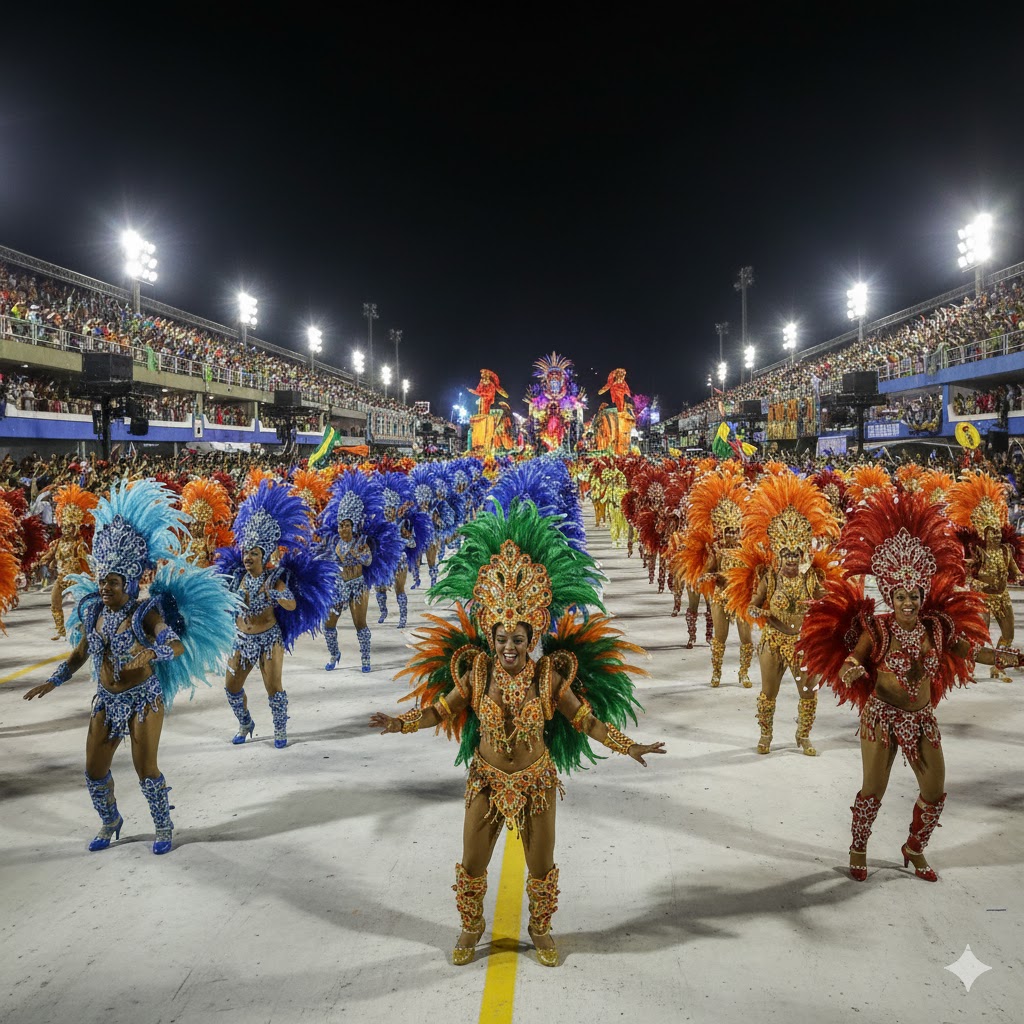Dancers in colorful costumes performing in Rio’s Carnival parade