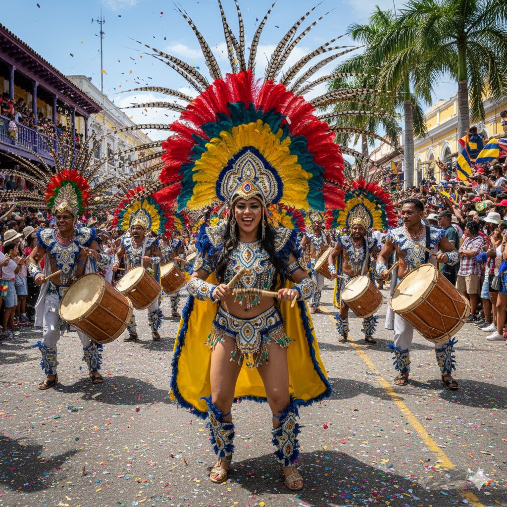 Dancers in colorful feathers and drums at Barranquilla Carnival 2026 parade