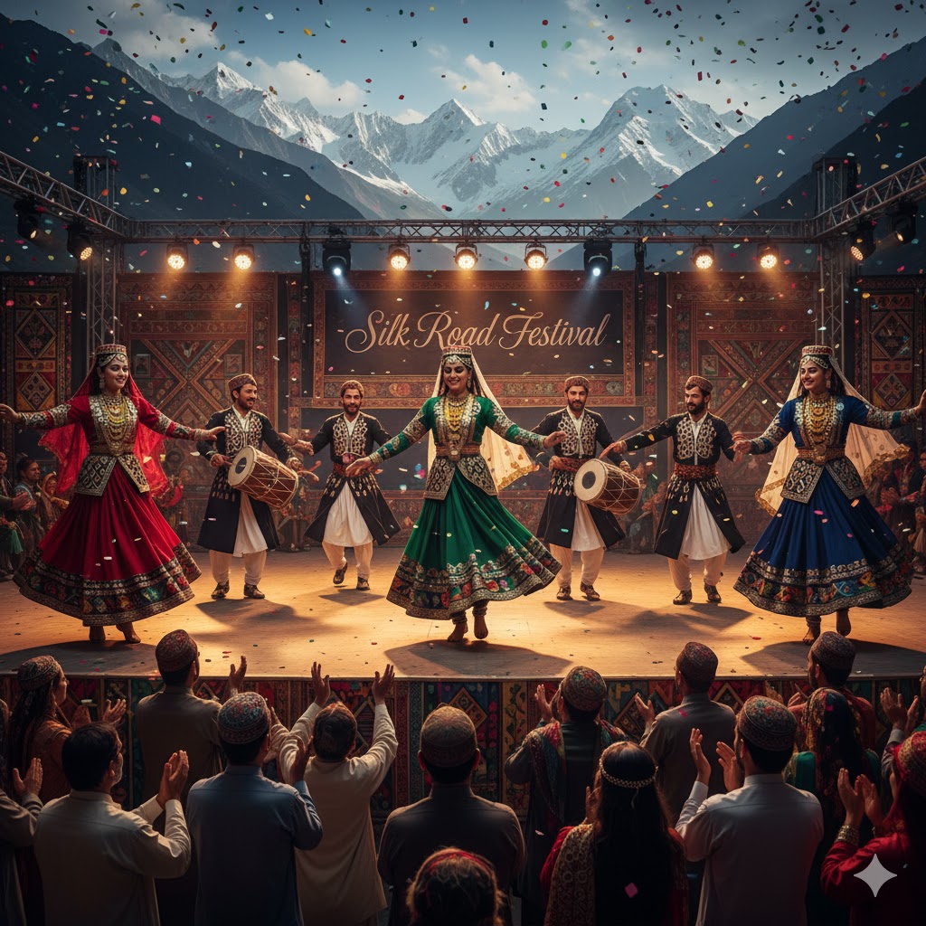 Dancers in traditional Hunza attire performing at Silk Road Festival
