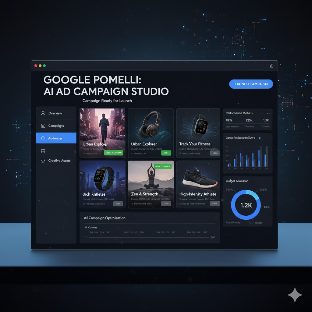 Dashboard showing analytics metrics and ad previews ready for launch
