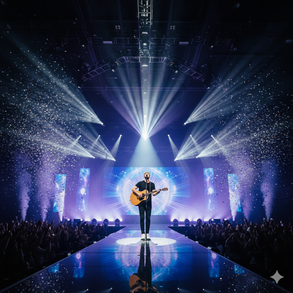 Dean Lewis performing under stage lights during live concert