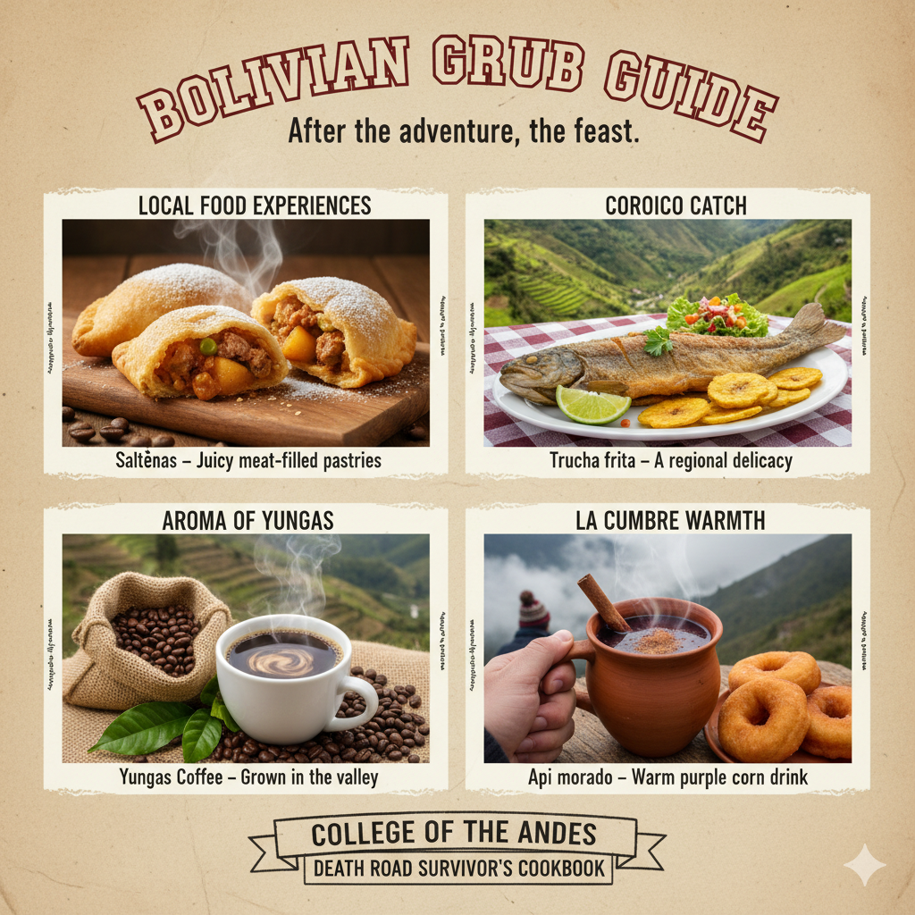 Death Road Bolivian comfort food - Salteñas, Trucha frita (fried trout), Yungas Coffee, Api morado