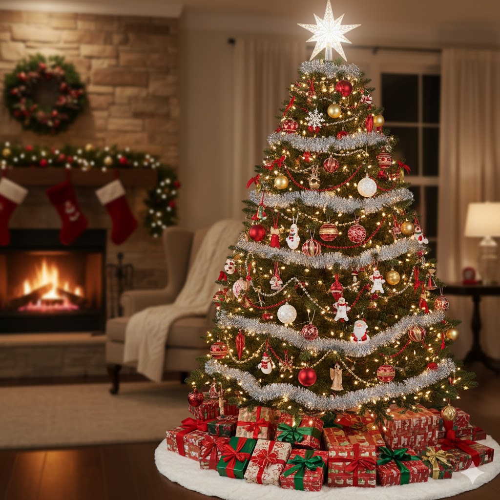 Decorated Christmas tree with gifts and glowing lights during Christmas 2026