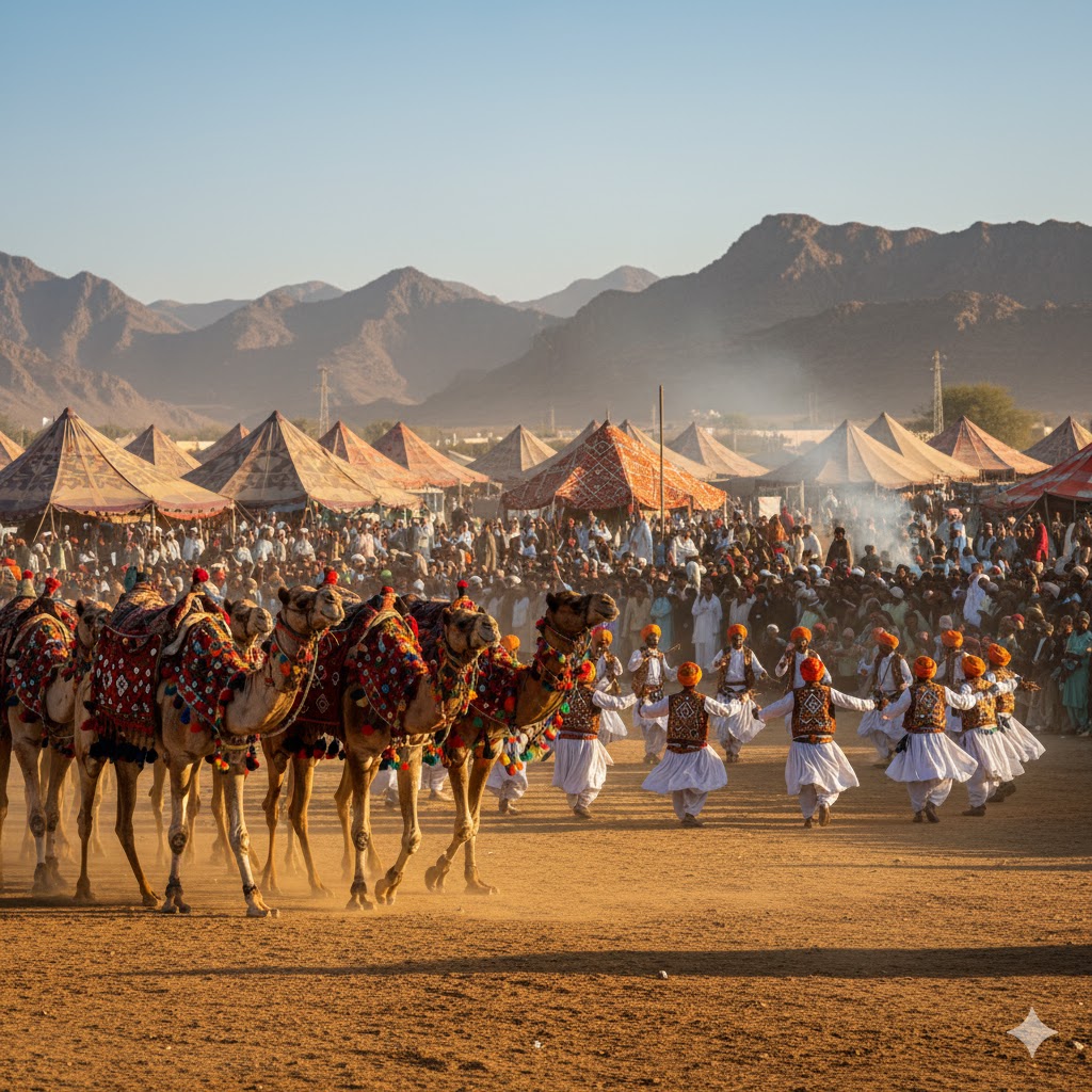 Decorated camels and folk dancers performing at historic Sibi Mela 2026