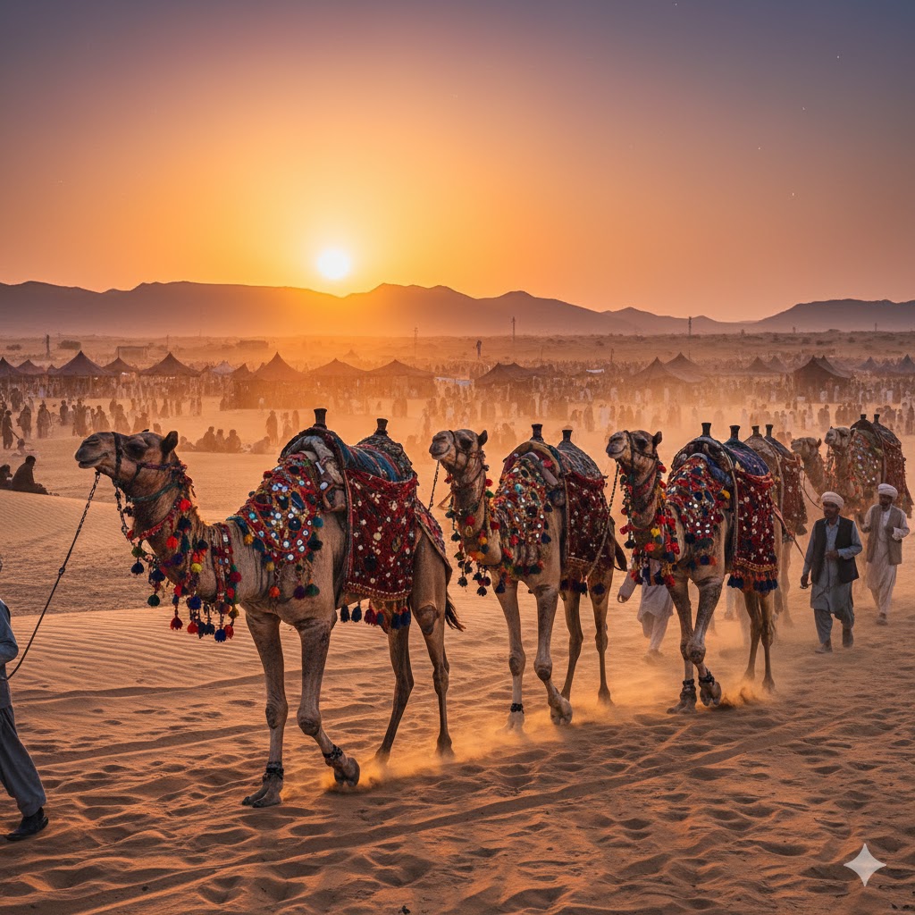 Decorated camels at sunset during Kharan Desert Cultural Fair 2026