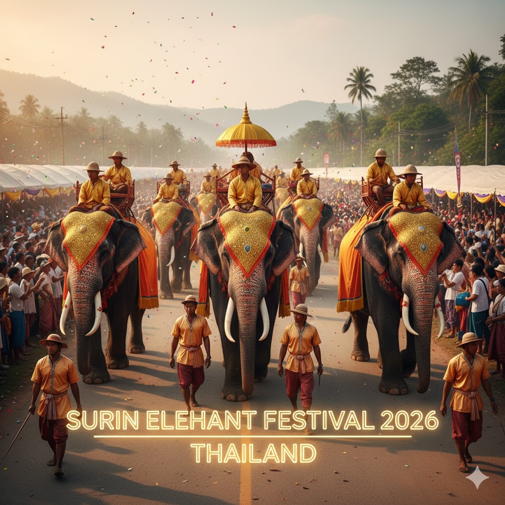 Decorated elephants in Surin, Thailand during Elephant Festival 2026