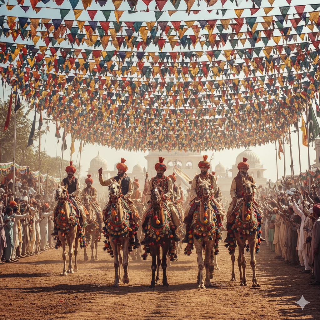 Decorated horses and camels parading during Bahawalpur Horse & Cattle Show under colorful flags.