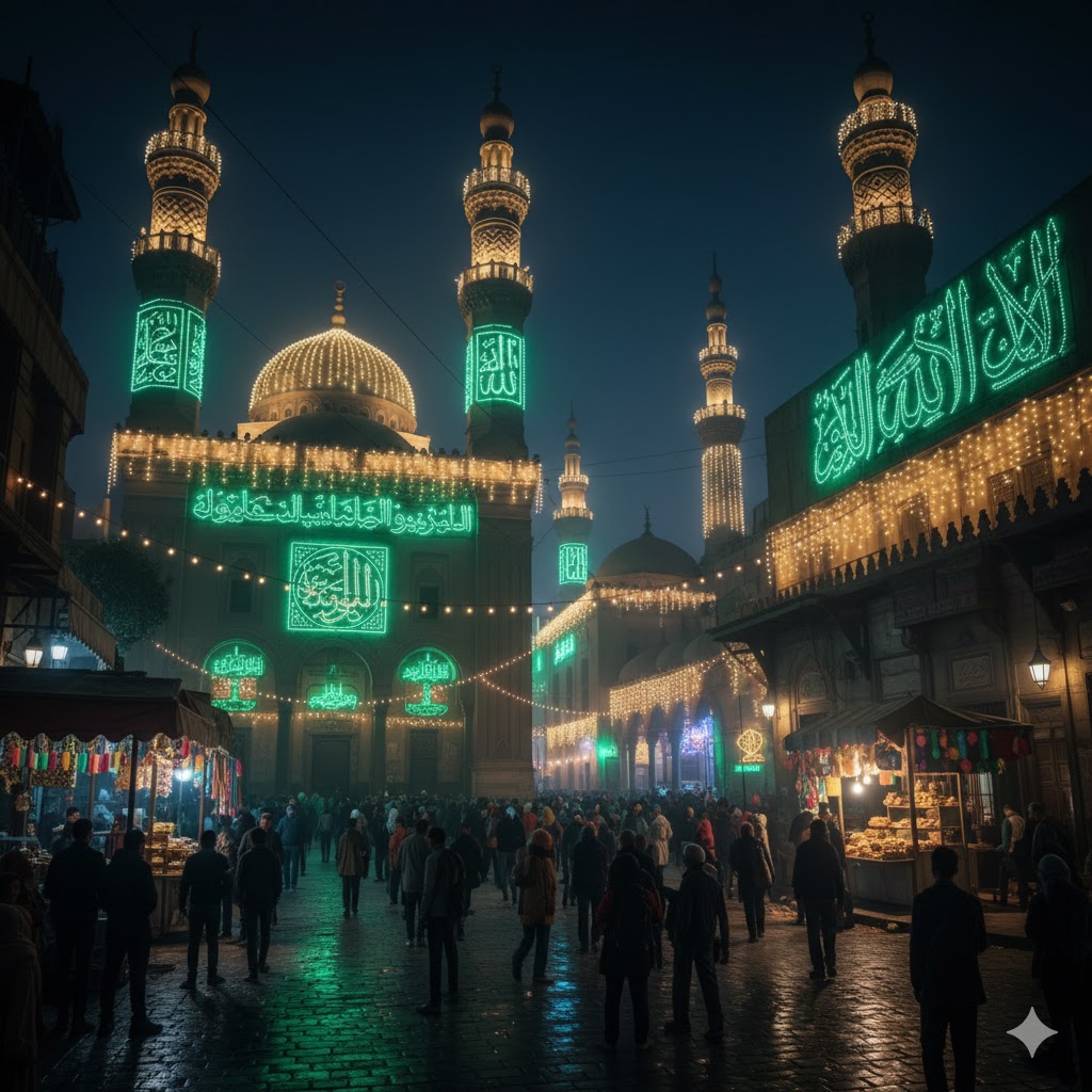 Decorated mosques with green lights during Mawlid celebrations in Cairo