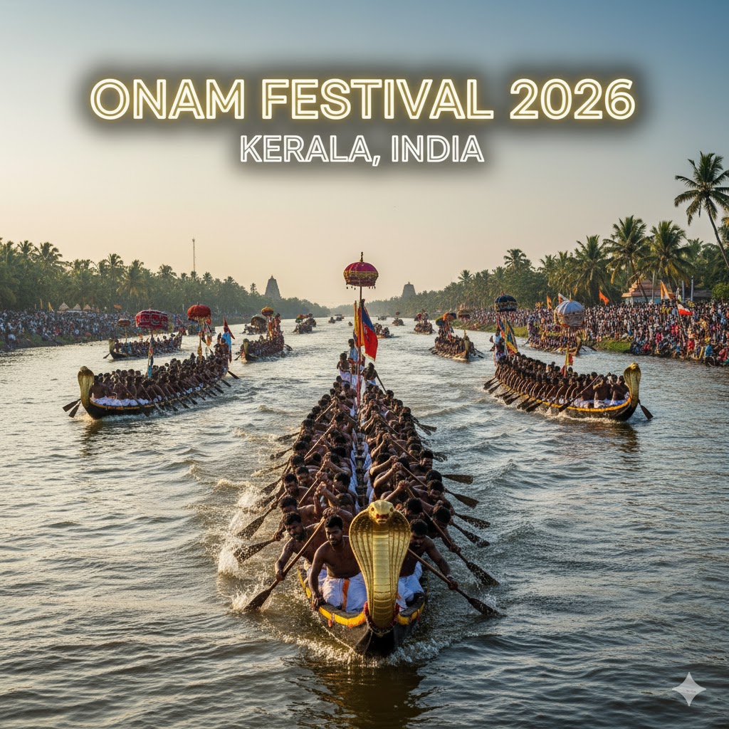 Decorated snake boats racing during Onam Festival 2026 in Kerala, India