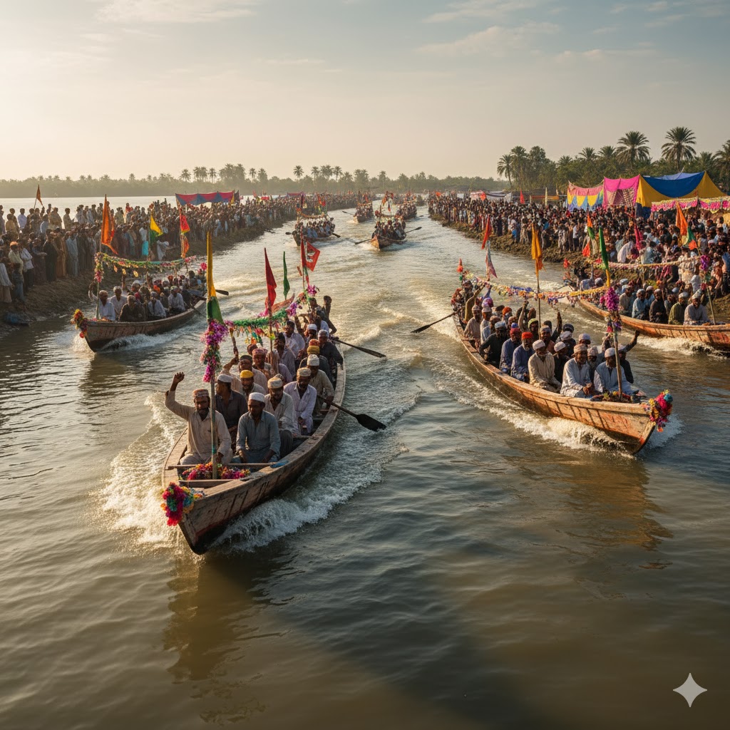 Decorated wooden boats racing through estuarine channels during Sujawal Fishing Fair.