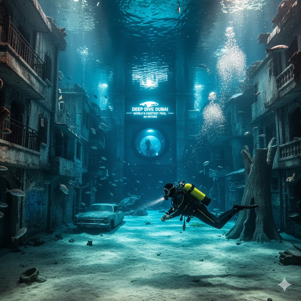 Deep Dive Dubai – world’s deepest pool interior with diver exploring underwater city. Deep Dive Dubai – world’s deepest pool interior with diver exploring underwater city.