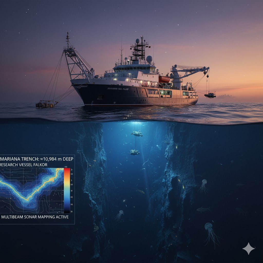 Deep-ocean research vessel over the Mariana Trench, with sonar mapping equipment deployed. Deep-ocean research vessel over the Mariana Trench, with sonar mapping equipment deployed.