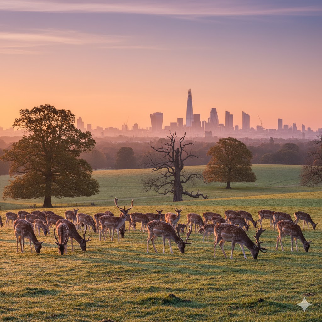 Deer grazing at Richmond Park with city skyline visible in the distance.