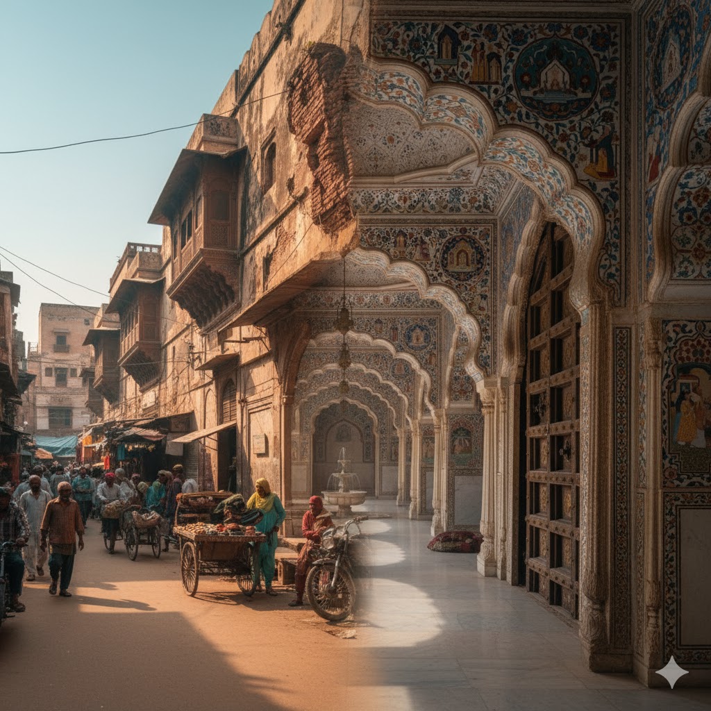 Delhi Gate street with heritage walls and restored Shahi Hammam interior view