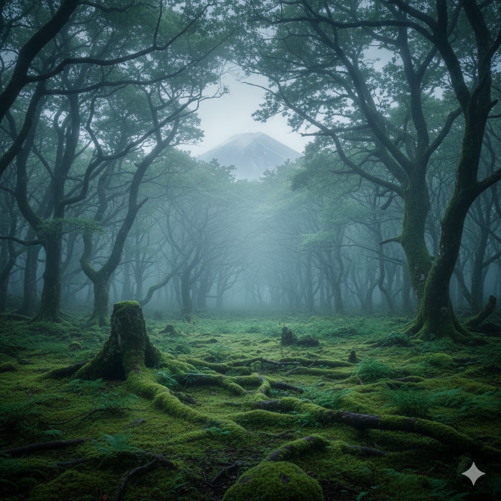 Dense Aokigahara forest near Mount Fuji covered in moss and mist.