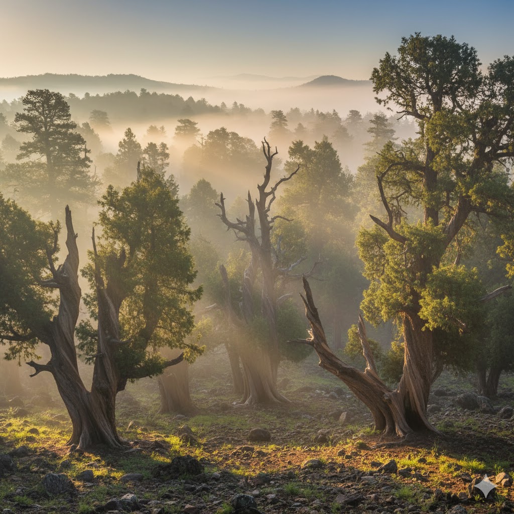 Dense juniper forest with mist rising in morning light in Ziarat Valley