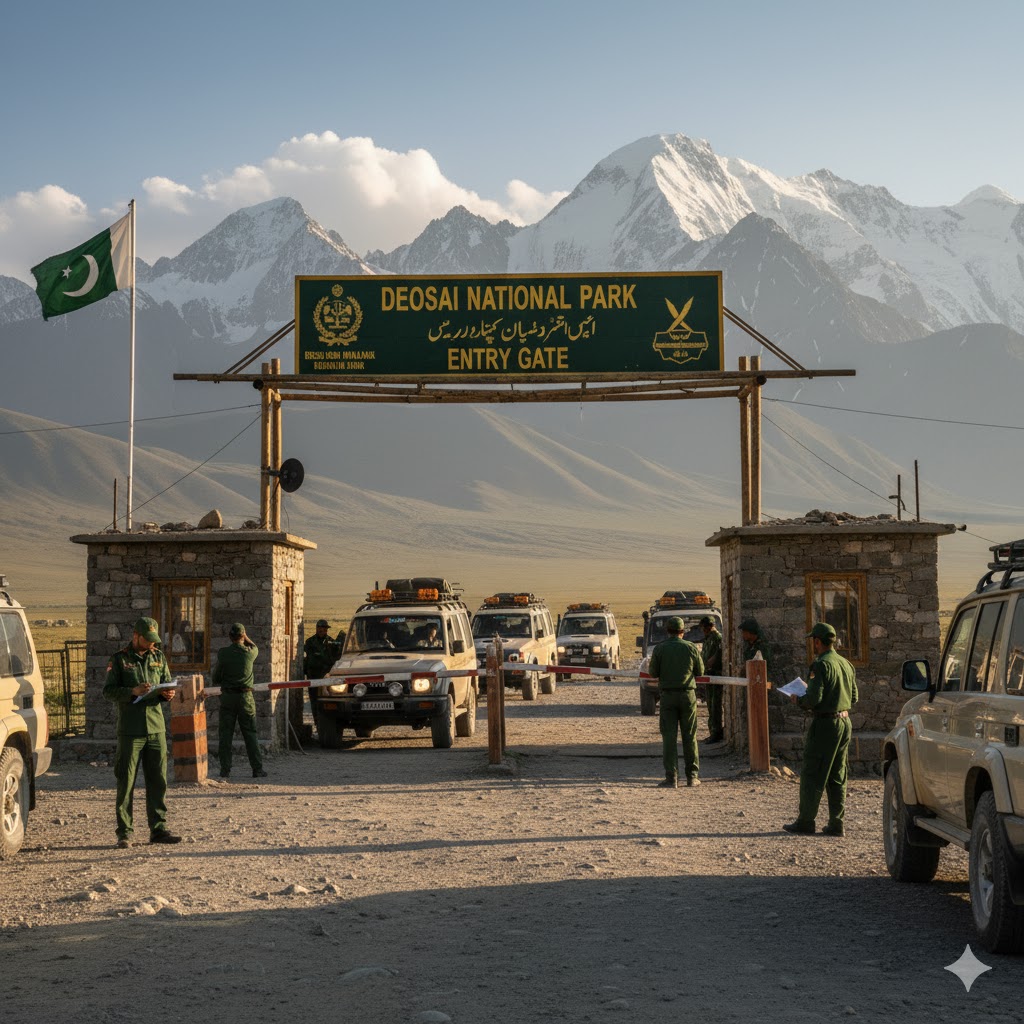 Deosai entry gate checkpoint with vehicles and national park staff.