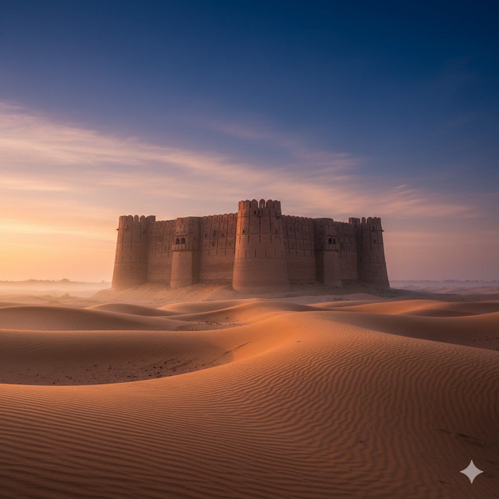 Derawar Fort against blue sky surrounded by desert dunes at dawn